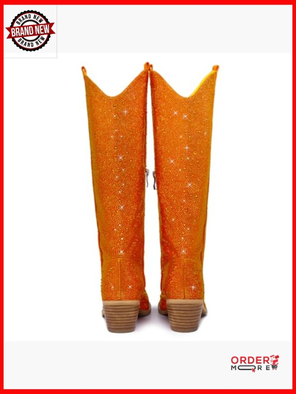 Women's Rhinestone Western Boots Pointed Toe Chunky Heel Knee High Side Zipper - Picture 5 of 6